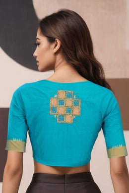 Capri Blue Aari Embroidered Mangalgiri Cotton Blouse 10073406