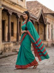 Peacock Green Vegan Silk Kanjivaram Saree With Temple Border 10077926