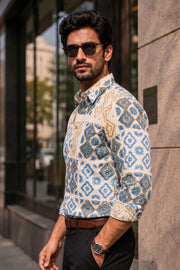 Cream Full Sleeve Ajrakh Printed Cotton Mens Shirt 10072719
