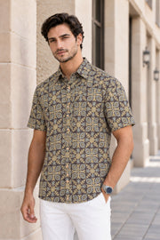 Black Half Sleeve Ajrakh Printed Cotton Mens Shirt 10071085