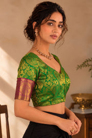Peacock Fern Green Kanjivaram Silk Blouse With Floral Motifs and Floral Border 10076635