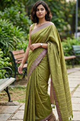 Moss Green Kanjivaram Vegan Viscose Silk Saree with Color Block Design 10075553