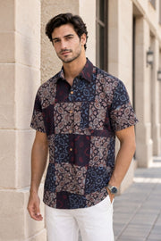Black Half Sleeve Ajrakh Printed Cotton Mens Shirt 10072906