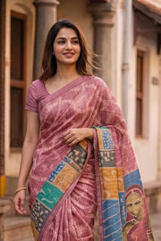 Pink Printed Semi Tussar Silk Saree With Tribal Motifs 10076269