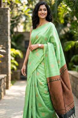 Mint Green Jute Weave Kanjivaram Vegan Silk Saree 10074643