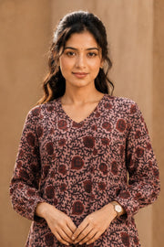 Rustic Maroon Hand Embroidered Cotton Dress 10077642