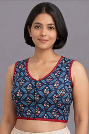 Blue Jahota Hand Block Printed Cotton Blouse 10071351