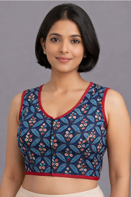 Blue Jahota Hand Block Printed Cotton Blouse 10071351