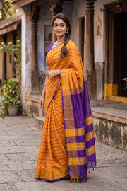 Pumpkin Orange Handloom Kanchi Silk Cotton Saree 10078091 
