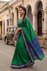 Emerald Green Vegan Silk Kanjivaram Saree With Temple Border 10077925
