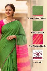 Green Kanjivaram Pure Silk Saree with Zari Checks 10077902
