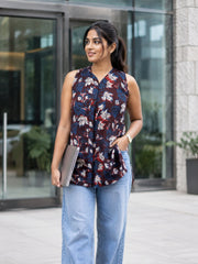 Maroon Jahota Hand Block Printed Women Sleevless Shirt 10077193
