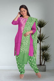 Pink Bandhani Mirror Work 3 - Piece Salwar Suit Material 10075478