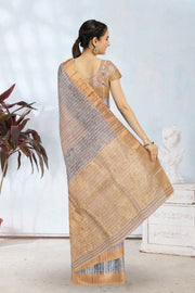Cream Hand Block Printed Chanderi Saree 10049146
