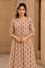 Peach Hand Block Printed Cotton Dress 10077621