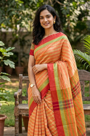 Beige And Pink Vegan Silk Kanjivaram Saree With Checks Design 10076309