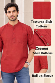 Red Full Sleeve Slub Cotton Shirt Length Men's Kurta 10077839