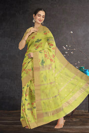 Green Parrot Motifs Chanderi Printed Silk Cotton Saree 10075936