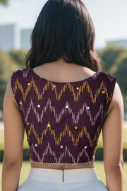 Brown Pochampally Ikat Mirror Work Cotton Blouse 10074522