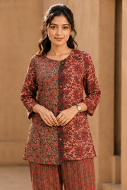 Rustic Brown Hand Embroidered Cotton Top & Pant Set 10077650