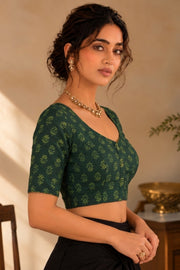 Green Indigo Hand Block Print Cotton Blouse 10078150