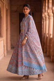 Blue Hand Block Printed Chaniya Choli With Kota Doria Dupatta  10066331