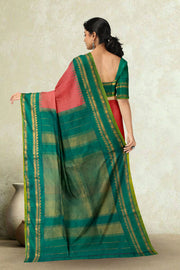 Gadwal Kuttu Weave Handloom Checked Silk Saree in Dark Salmon Pink with Forest Green Zari Border and Pallu 10064454