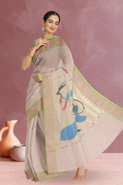 Beige Handloom Paithani Cotton Saree with Silk Pallu 10068432