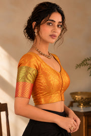 Golden Mustard Yellow Kanjivaram Silk Blouse With Paisley Motifs And Floral Motifs 10076621
