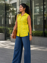 Yellow Hand block Printed Women Sleevless Shirt 10077179