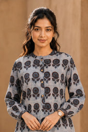 Denim Blue Hand Block Printed Cotton Kurti & Pant Set 10077652
