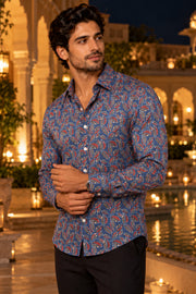 Blue Ajrakh Printed Vegan Modal Silk Mens Shirt 10078103