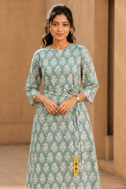 Sage Green Hand Block Printed Cotton Dress 10077620
