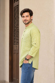 Pista Green Full Sleeve Slub Cotton Shirt Length Men's Kurta 10077841