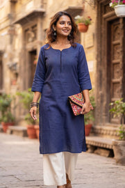 Blue Handcrafted Slub Cotton Kurta 10077424
