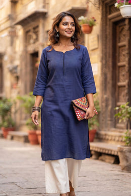 Blue Handcrafted Slub Cotton Kurta 10077424