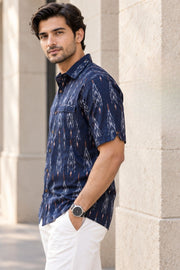 Dark Blue Half Sleeve Handloom Ikat Cotton Men's Shirt 10077859