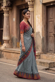 Grey Vegan Silk Kanjivaram Saree With Temple Border 10077948