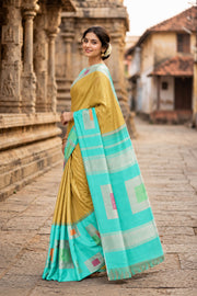 Warm Yellow Ettukol Kanjivaram Silk Saree with Contrast Border 10077907
