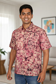 Pink Half Sleeve Batik Printed Cotton Mens Shirt 10076355