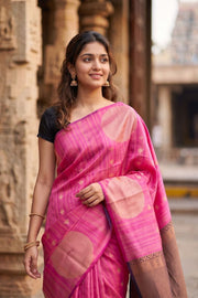 Hot Pink Jute Weave Kanjivaram Vegan Silk Saree 10074637