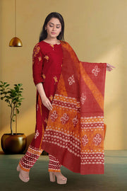 Red Batik Printed 3-Piece Salwar Suit Material 10076001