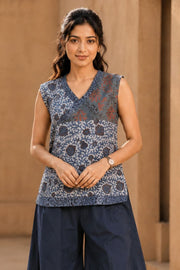 Rustic Blue Hand Embroidered Cotton Top & Pant Set 10077651