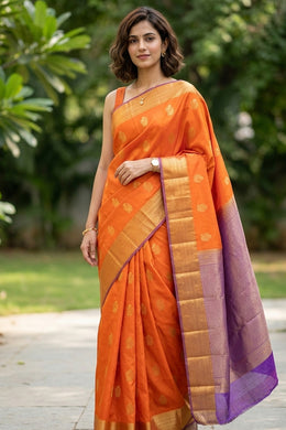Orange Kanjivaram Vegan Silk Saree with Contrast Pallu 10073885