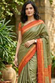 Kanjivaram Green Vegan Silk Saree With Stripes Design 10076330