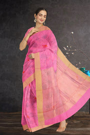 Pink Parrot Motifs Chanderi Printed Silk Cotton Saree 10075926