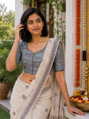Grey Handcrafted Slub Cotton Solid Style Blouse 10073177
