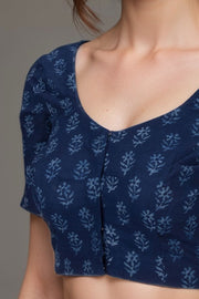 Blue Floral Motif Indigo Hand Block Print Cotton Blouse 10074610