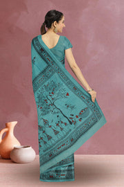 Green Warli Print Bengal Cotton Saree 10075304