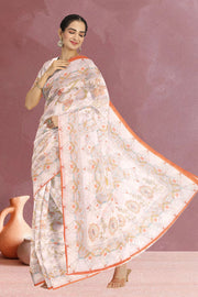 Cream Kalamkari Kantha Printed Malai Cotton Saree 10074903